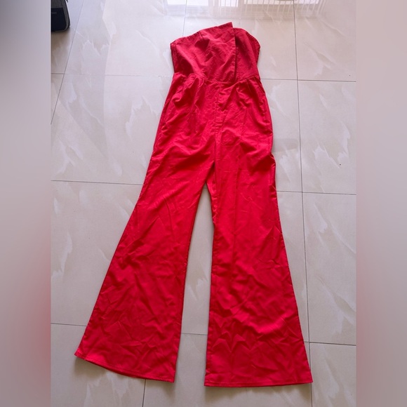 Elegant Red Strapless Jumpsuit wide leg chime size M pocket zipper - Picture 15 of 15